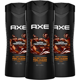AXE front packaging showing three Dark Temptation bottles, conveys value