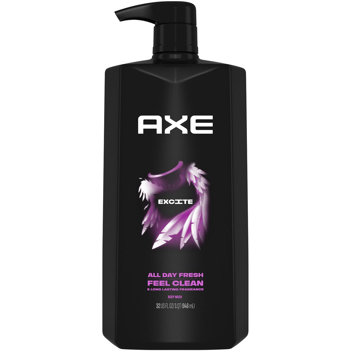 AXE Excite front pump bottle showing label and 32 fl oz size for easy dispensing