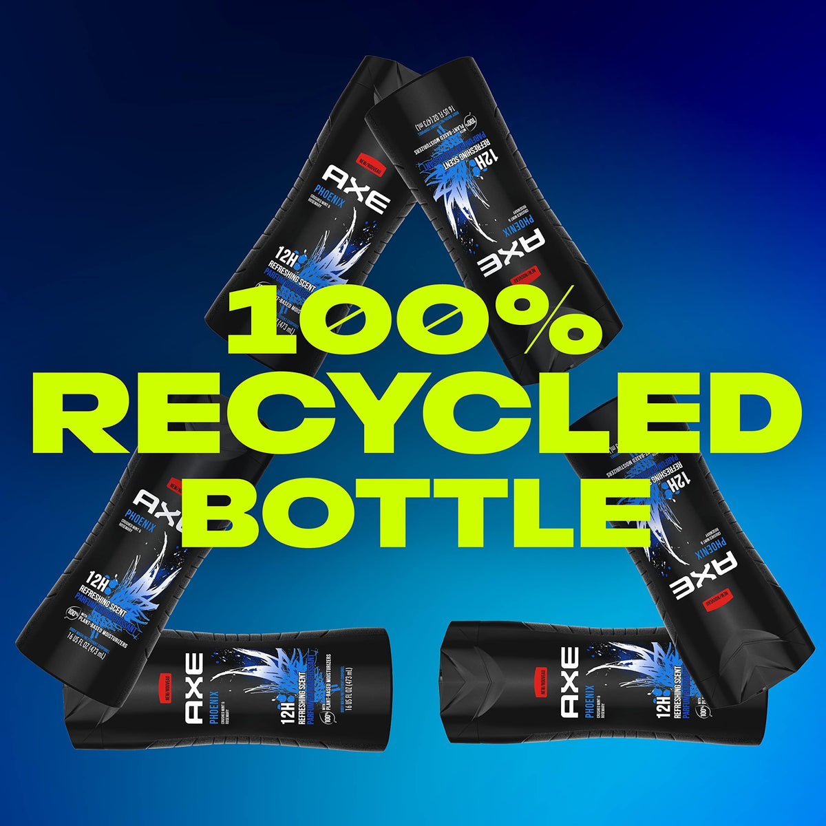 AXE Phoenix recycled bottle mark visible promoting eco-friendly packaging benefit