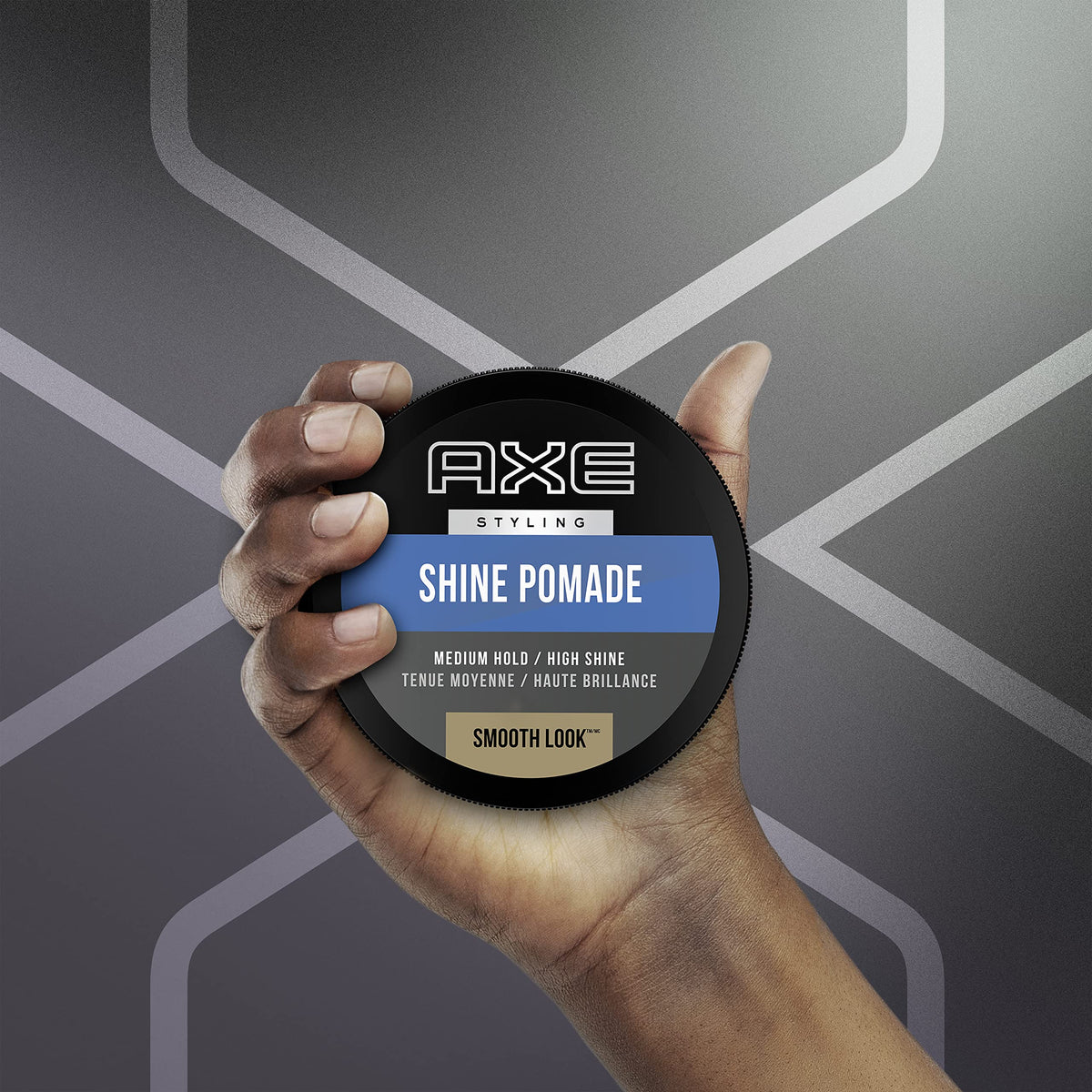 AXE styled combed-back profile showing polished high-shine finish benefit