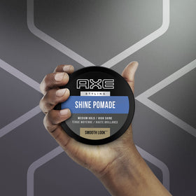 AXE styled combed-back profile showing polished high-shine finish benefit