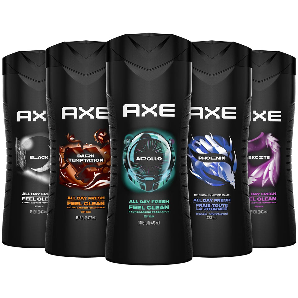 AXE variety pack front packaging showing five scent bottles and benefit