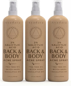 AYADARA front packaging showing three acne body spray bottles for consistent care
