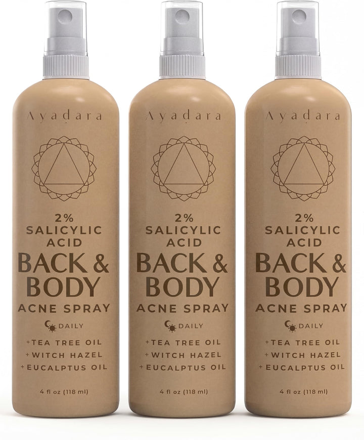 AYADARA front packaging showing three acne body spray bottles for consistent care