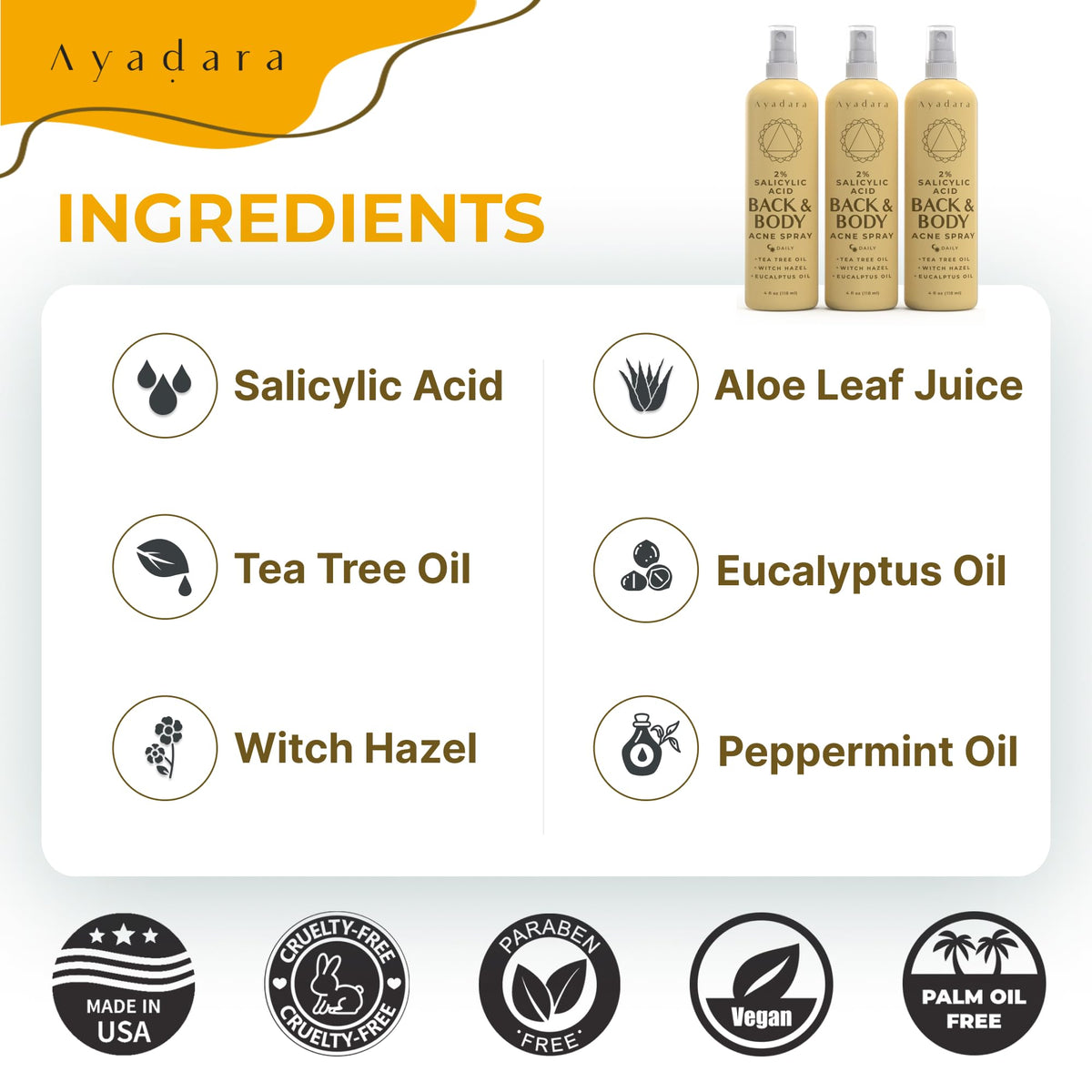 AYADARA label and ingredients list visible to show 2% salicylic acid benefit