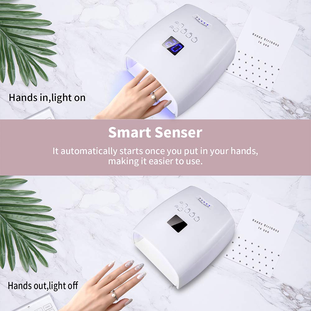 Ayshone in-use shot with hand under lamp demonstrating automatic infrared sensor and hands-free curing