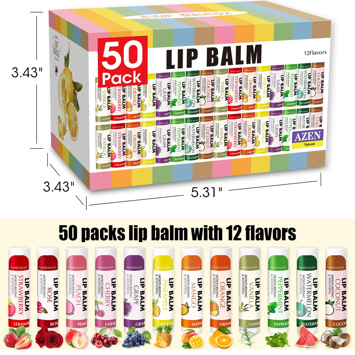 AZEN open bulk box revealing fifty individually capped lip balm tubes for distribution