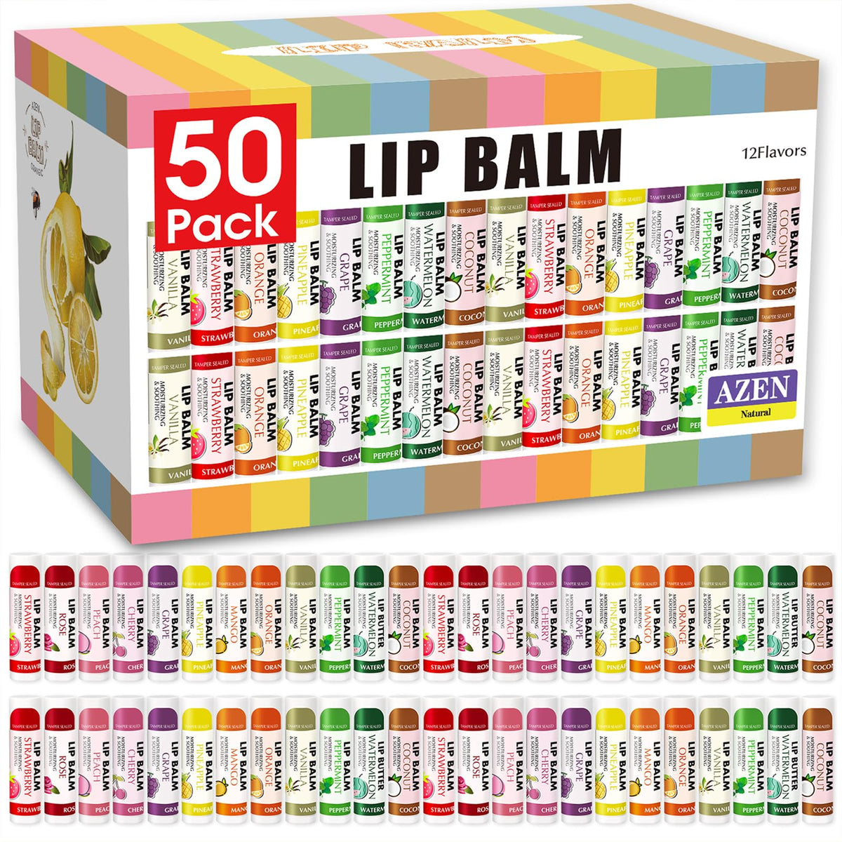 AZEN front packaging showing 50 tubes and assorted flavors for convenient bulk use