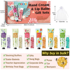 AZEN hand holding hand cream and lip balm to show compact travel-size convenience