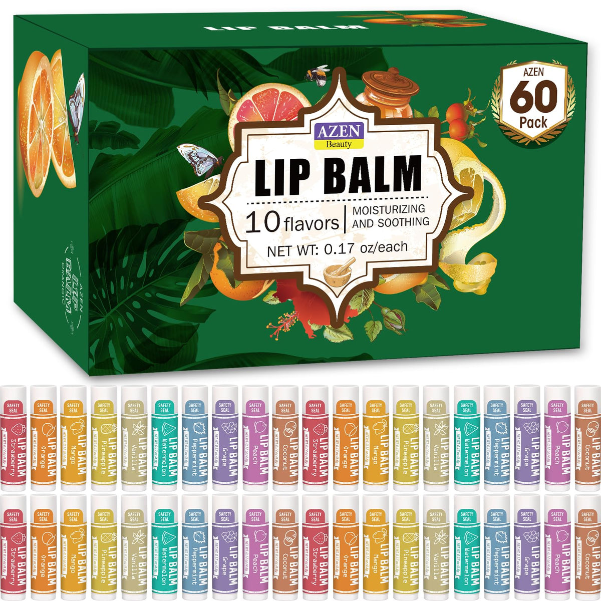 AZEN front packaging showing 60 lip balms and variety benefits
