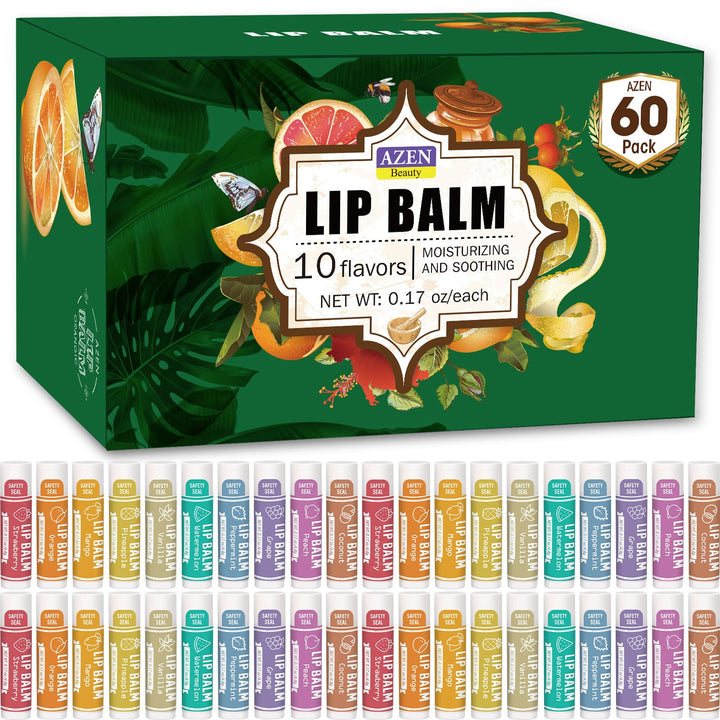 AZEN front packaging showing 60 lip balms and variety benefits