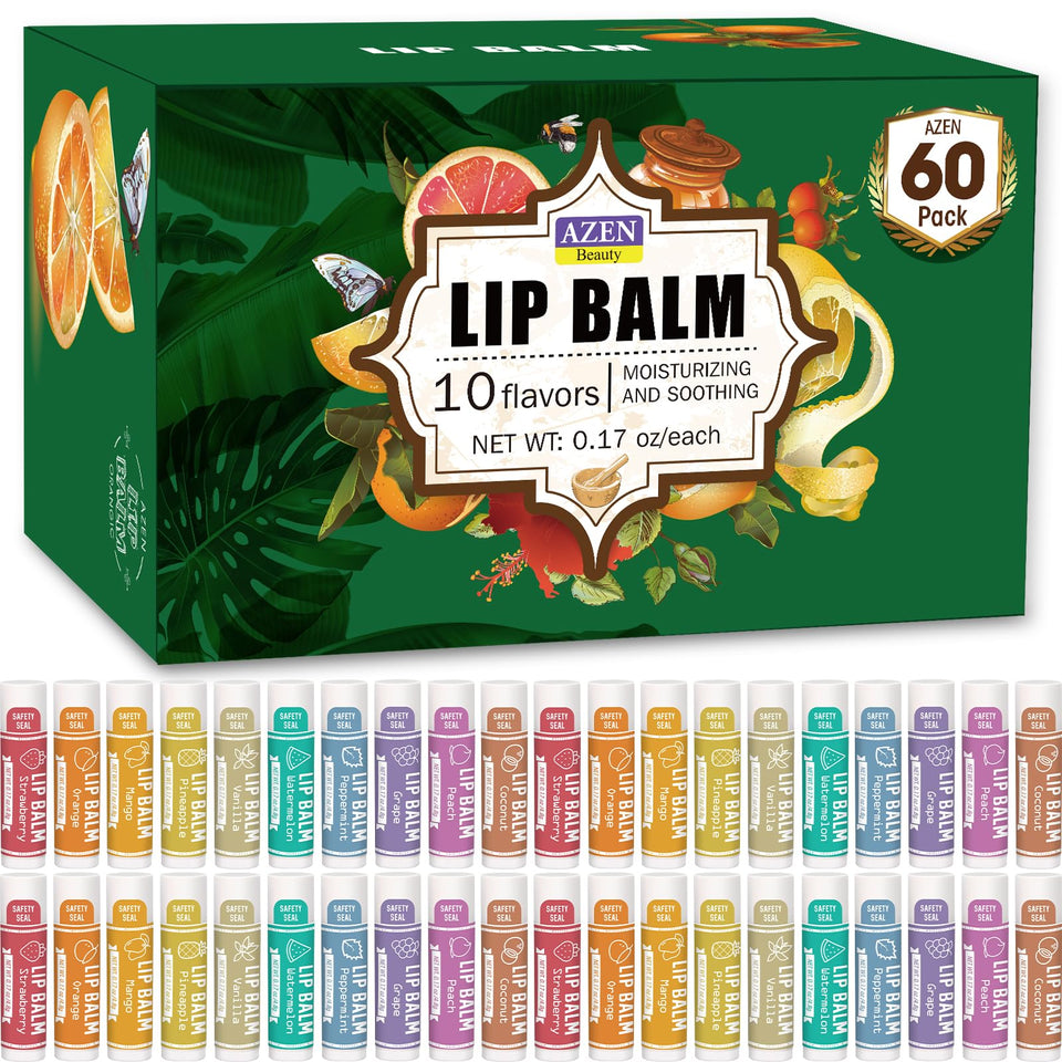 AZEN front packaging showing 60 lip balms and variety benefits