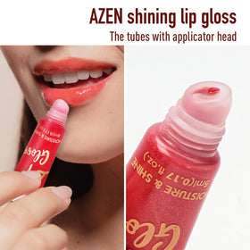 AZEN lip gloss applied on lips illustrating high-shine finish