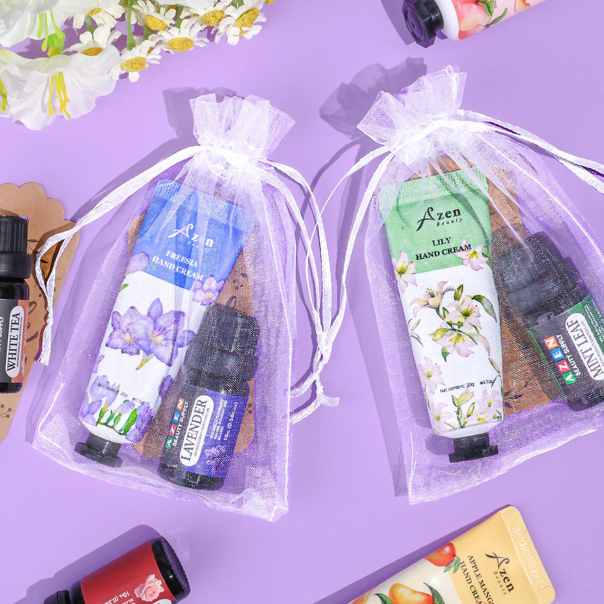 AZEN organza bag with contents demonstrating neat presentation and convenience