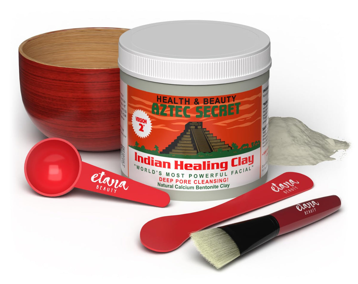 Aztec Secret front packaging showing natural bentonite clay and kit benefits