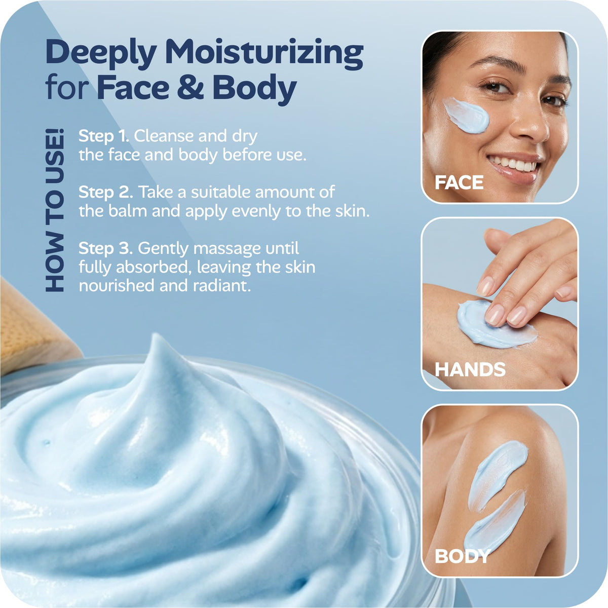 AzulBotanicals balm being smoothed onto hand for instant moisture and skin-conditioning benefit