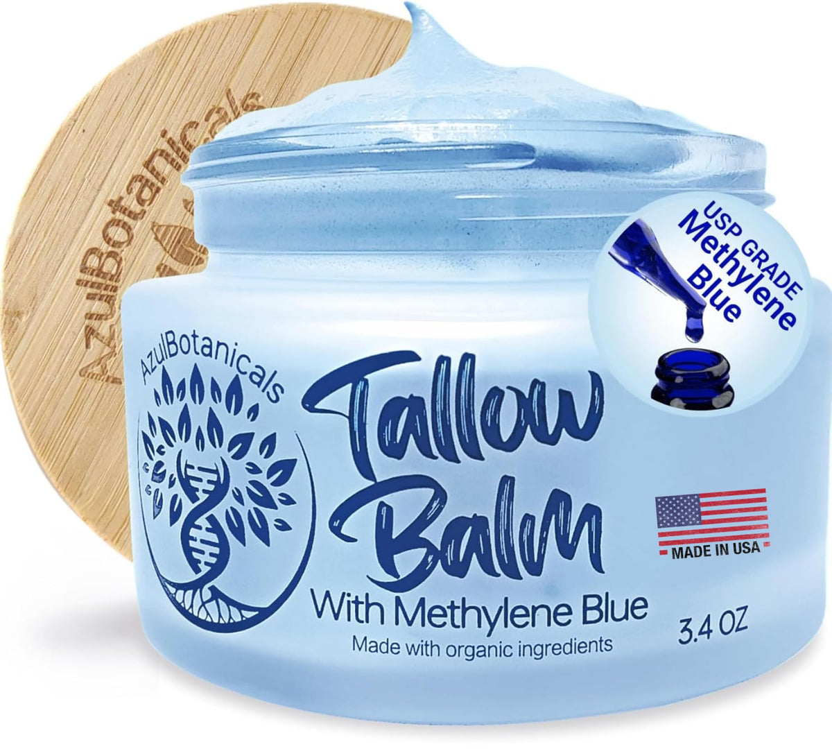 AzulBotanicals jar front view showing product and calming blue tint for easy identification and trust