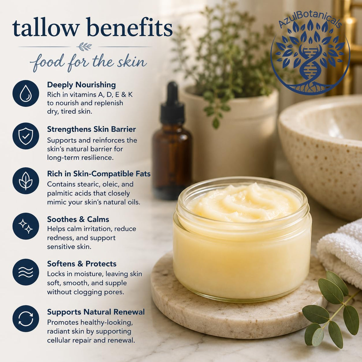 AzulBotanicals ingredient bowl with rendered tallow illustrating natural sourcing and nutrient richness