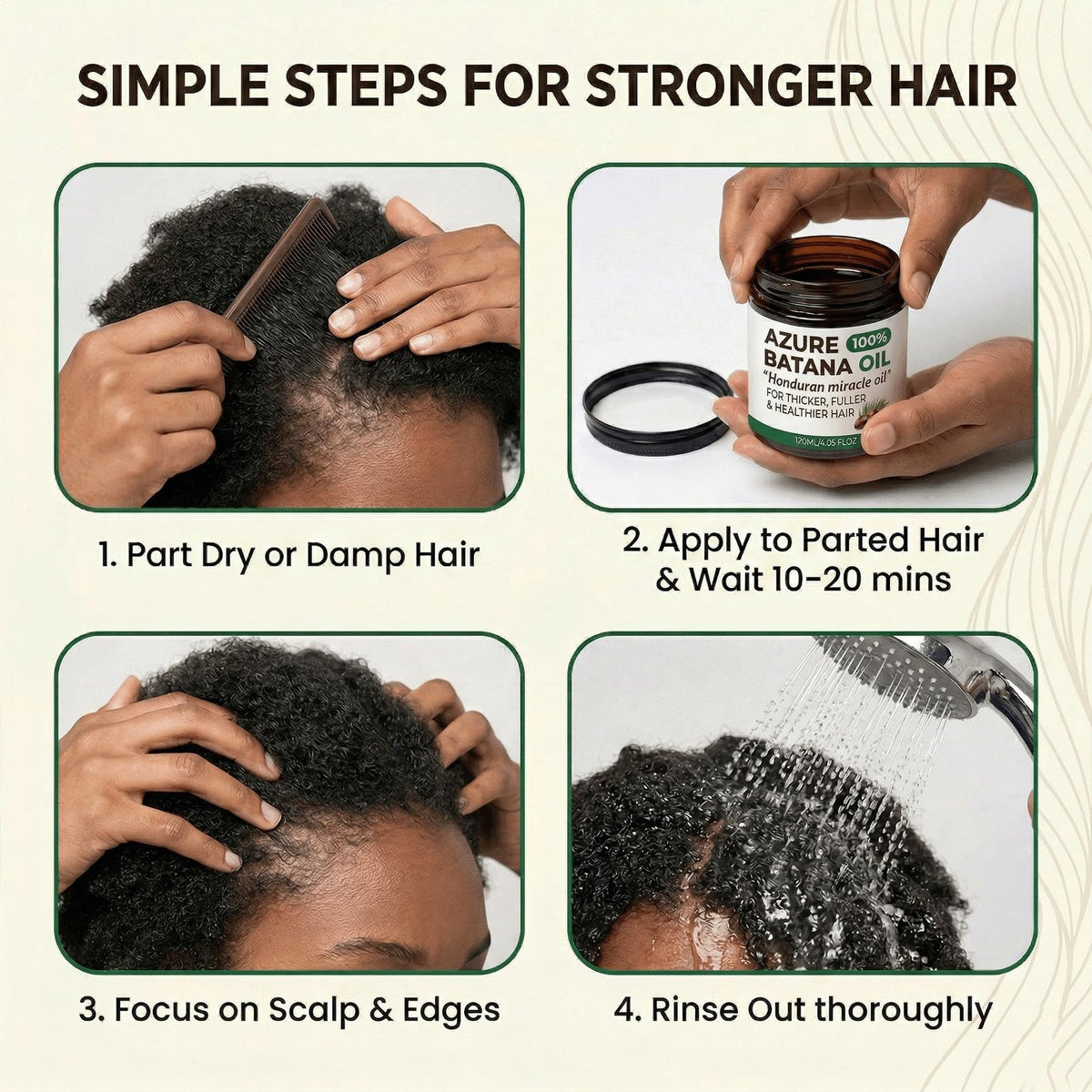 Azure Batana being applied to hair lengths to show smoothing and frizz control benefit
