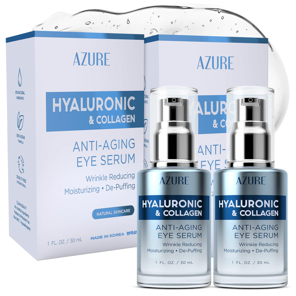 Azure Cosmetics front packaging showing two serum bottles and labeling benefit