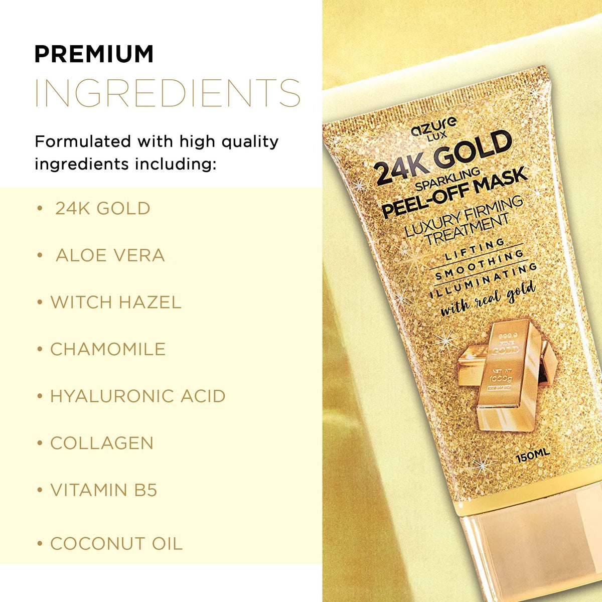 Azure Cosmetics close-up of mask texture highlighting gold flecks for radiance