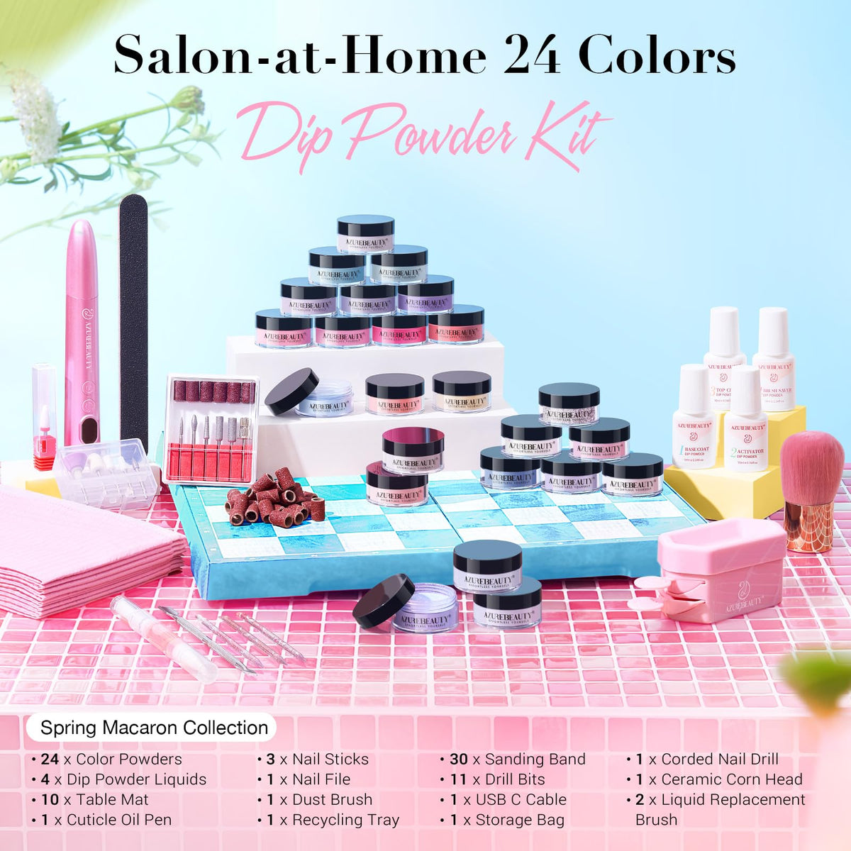 AZUREBEAUTY accessories laid out including sanding bands and cuticle oil for maintenance