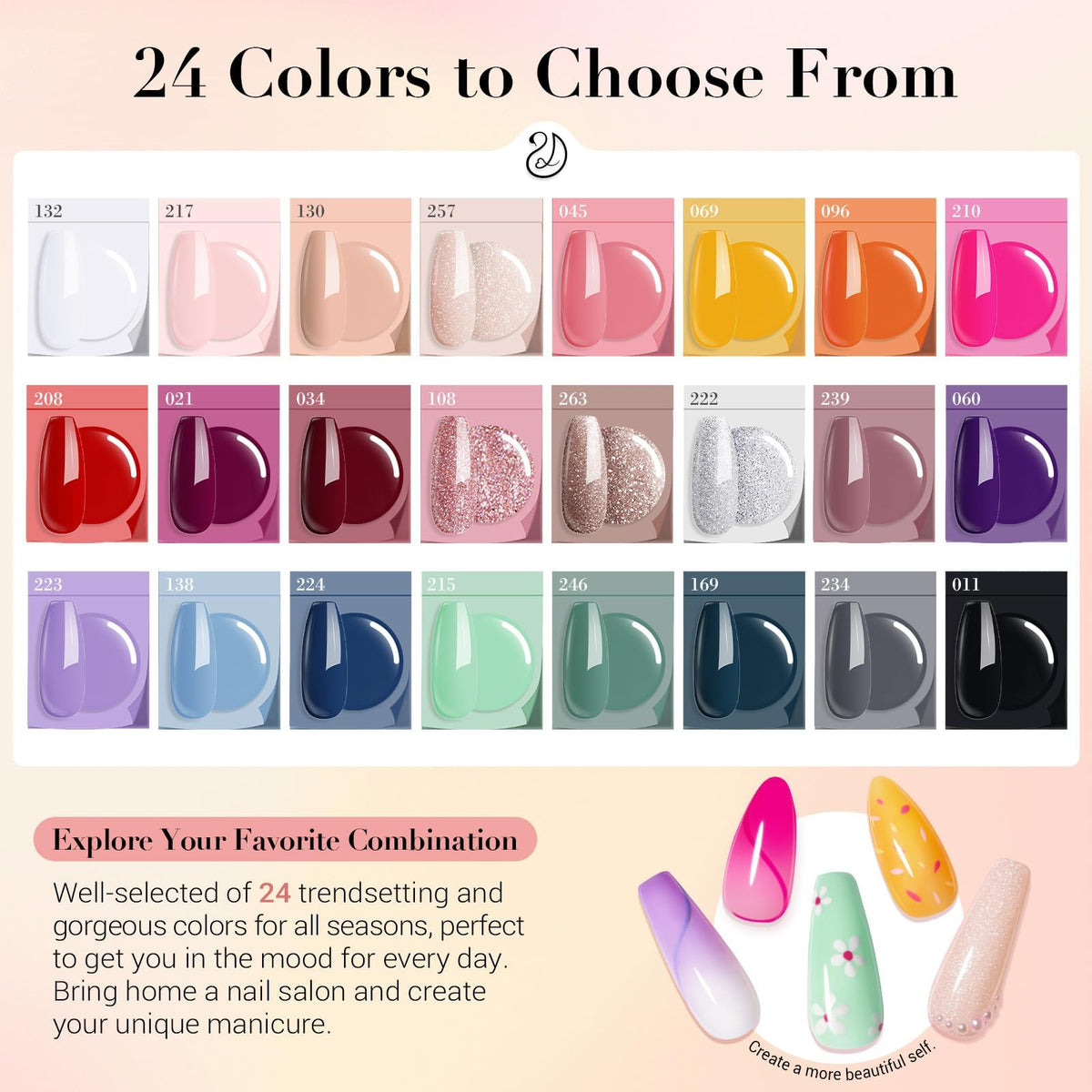 AZUREBEAUTY color array top-down showing 24 shades for variety