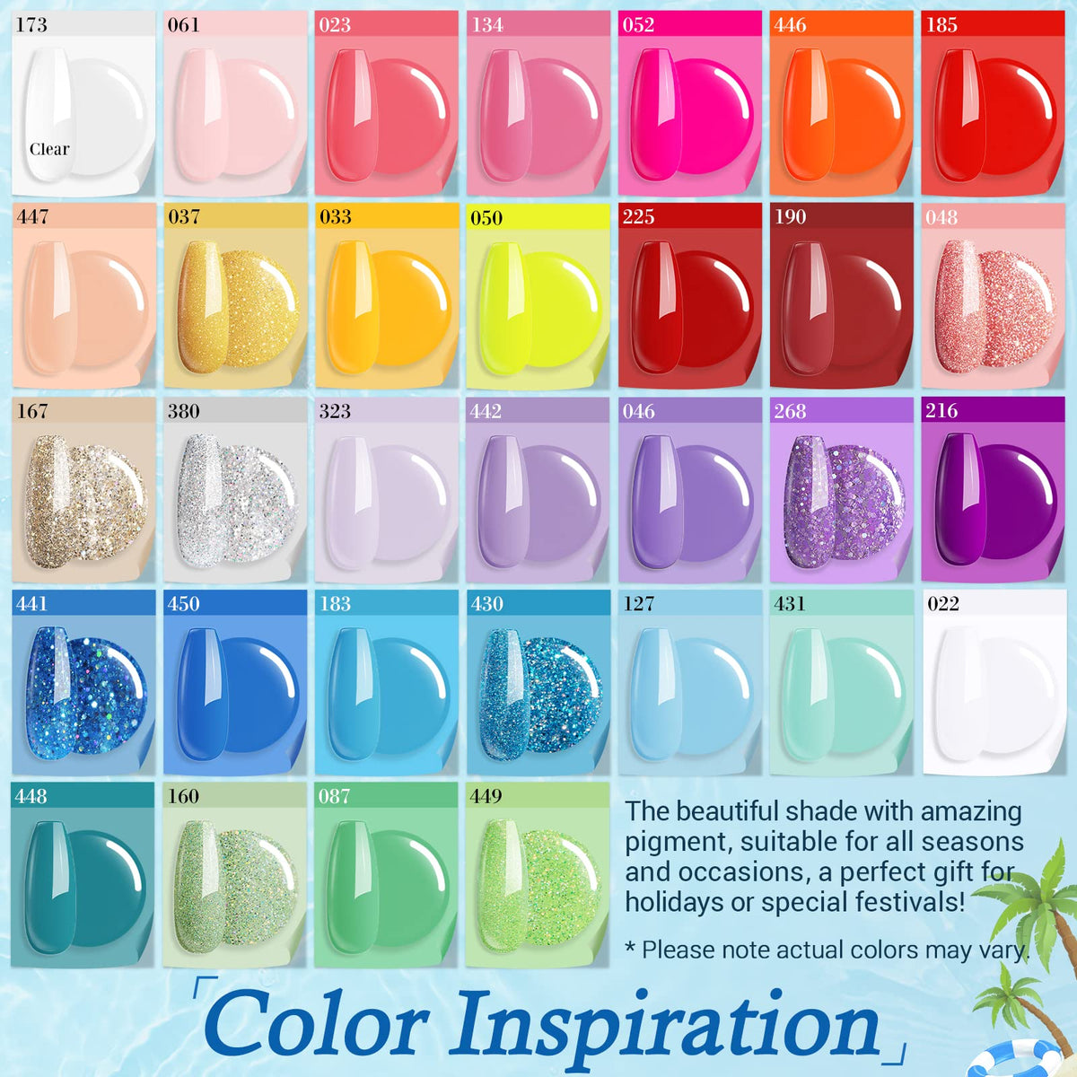 AZUREBEAUTY color array top view showcasing 32 vibrant shades
