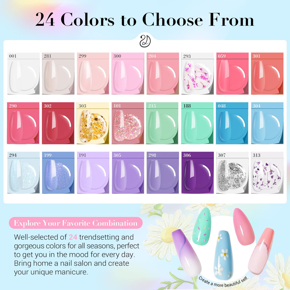 AZUREBEAUTY color palette display of 24 macaron shades for creative choices