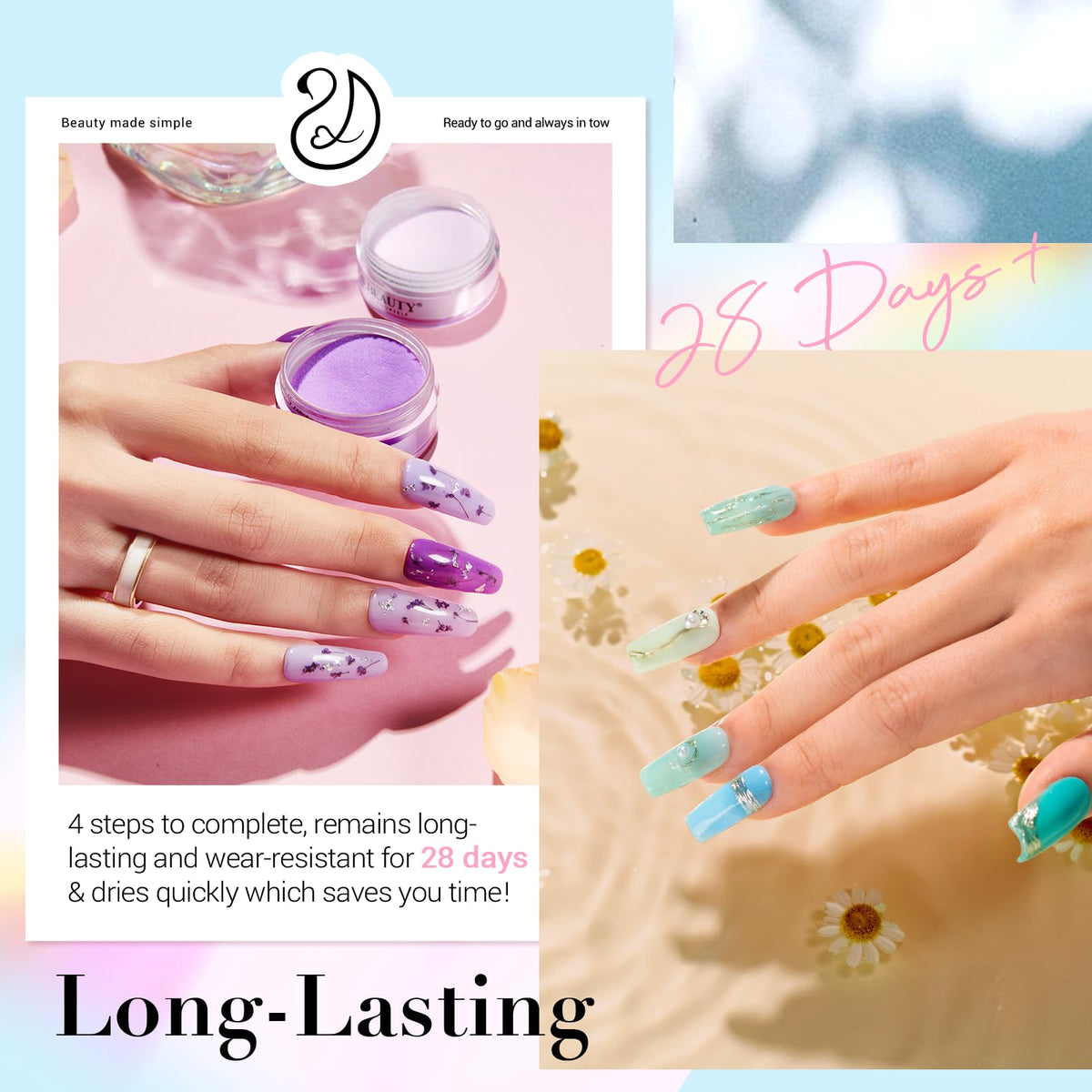 AZUREBEAUTY swatches of eight dip powder colors showing vibrant spring tones
