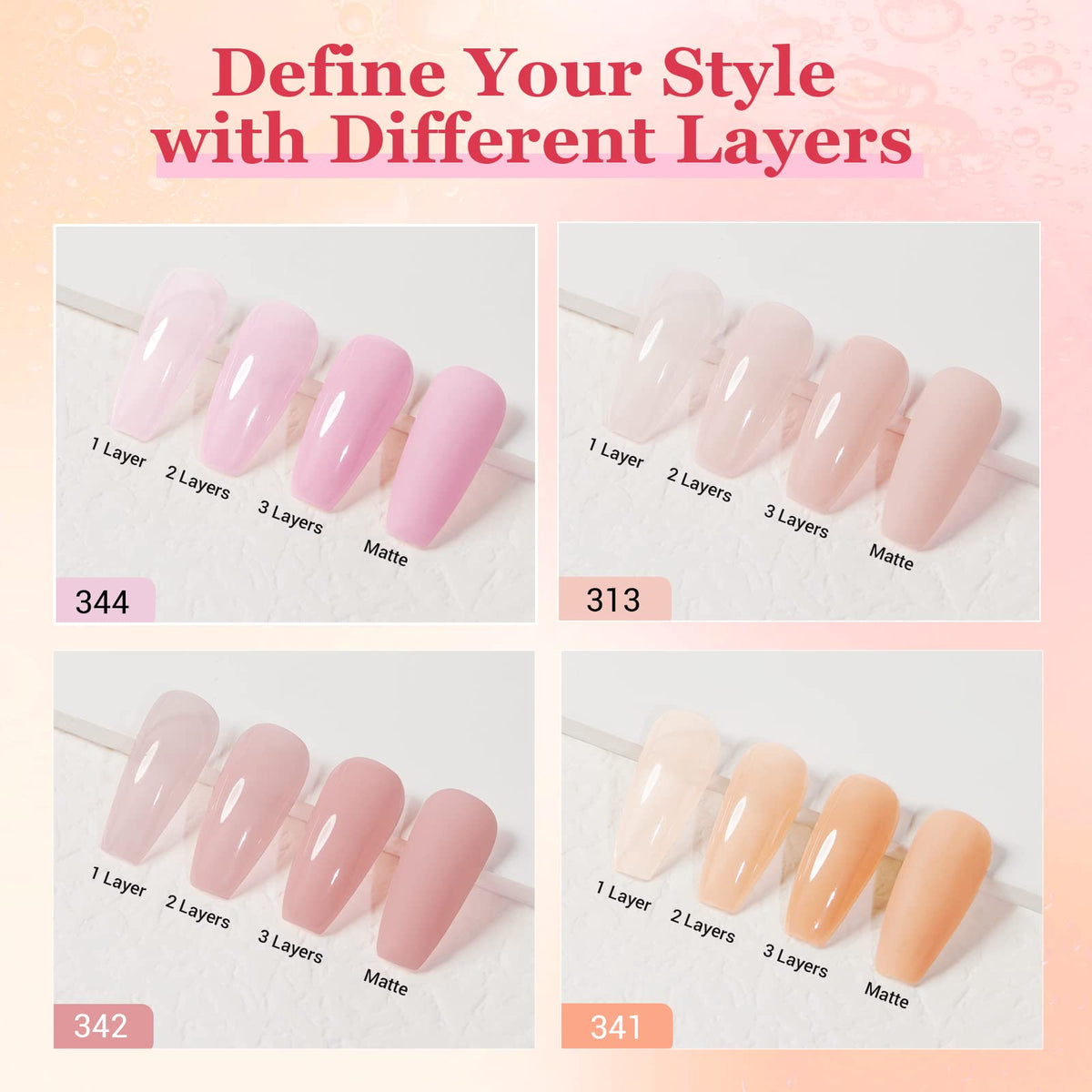 AZUREBEAUTY fingertip swatches showing translucent jelly nude shades effect