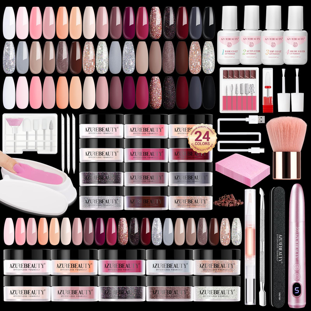 AzureBeauty front packaging showing complete dip powder starter kit benefit convenience