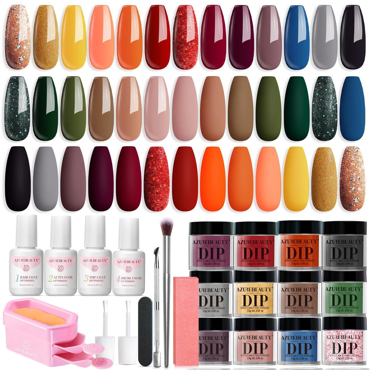 AZUREBEAUTY front packaging showing complete dip powder kit and benefits