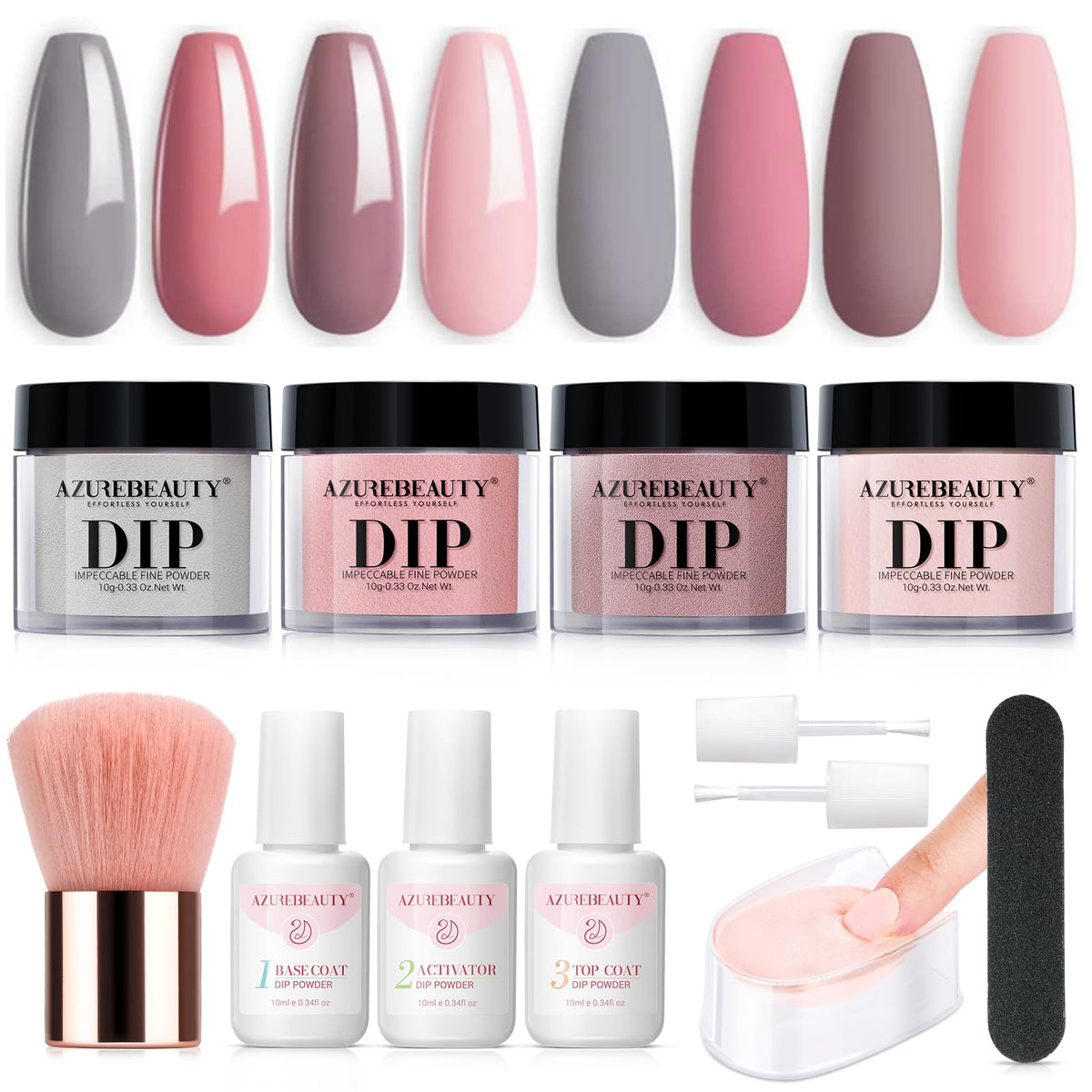 AZUREBEAUTY front packaging showing complete dip powder kit and benefit of all-in-one convenience