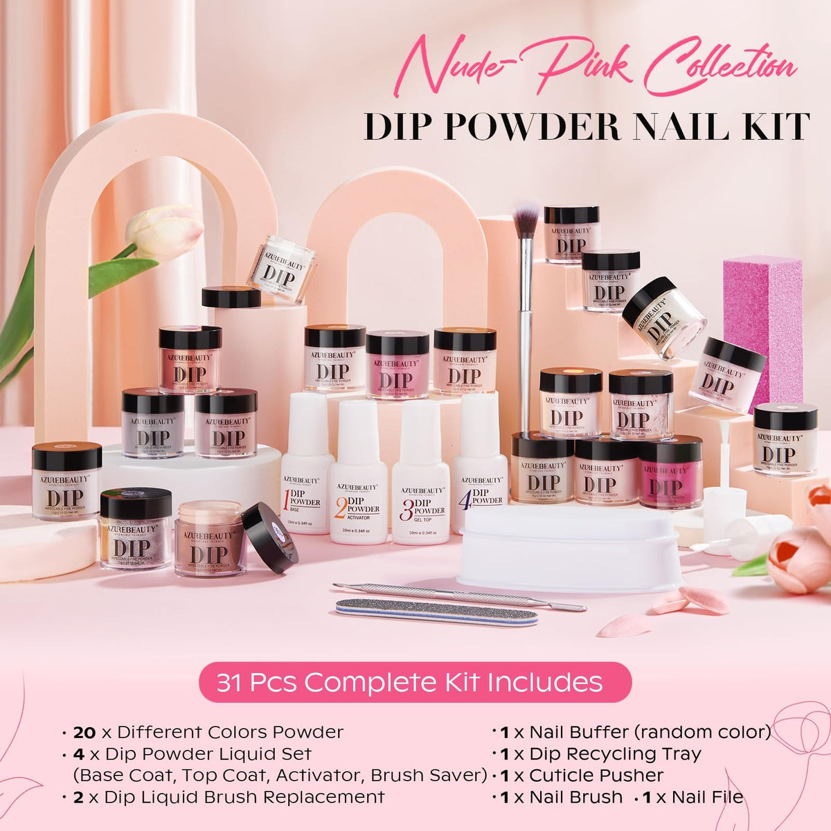 AZUREBEAUTY liquid bottles with labels visible for base, top, activator benefits