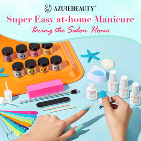 AzureBeauty liquid set and brushes arranged to show tools for lamp-free dip application