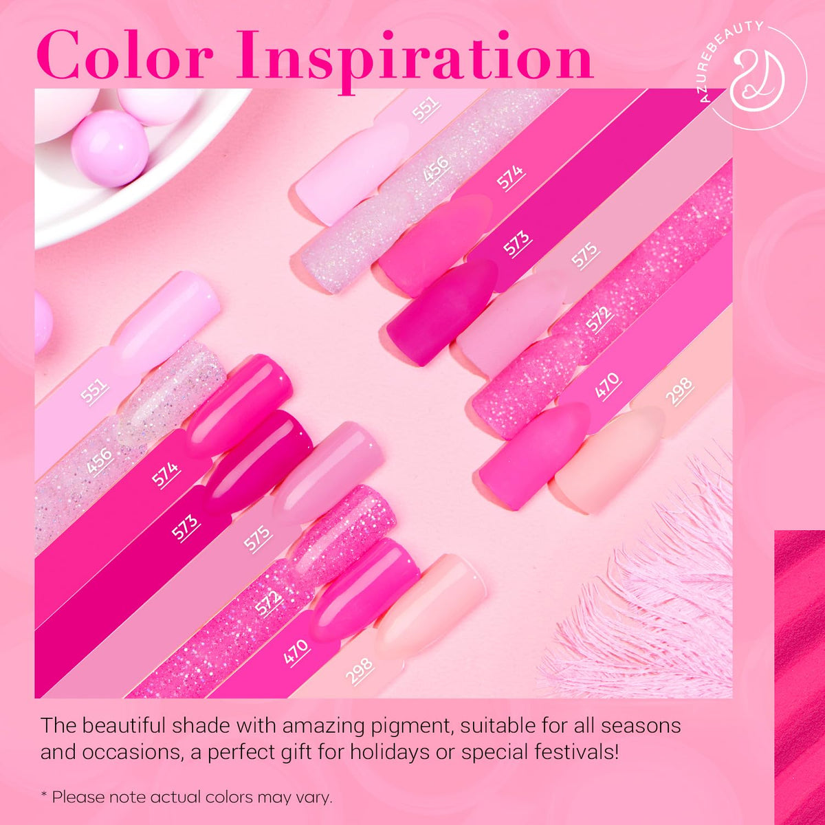 AZUREBEAUTY eight hot pink and glitter dip powders laid out, vivid color choices