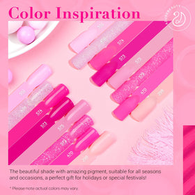 AZUREBEAUTY eight hot pink and glitter dip powders laid out, vivid color choices
