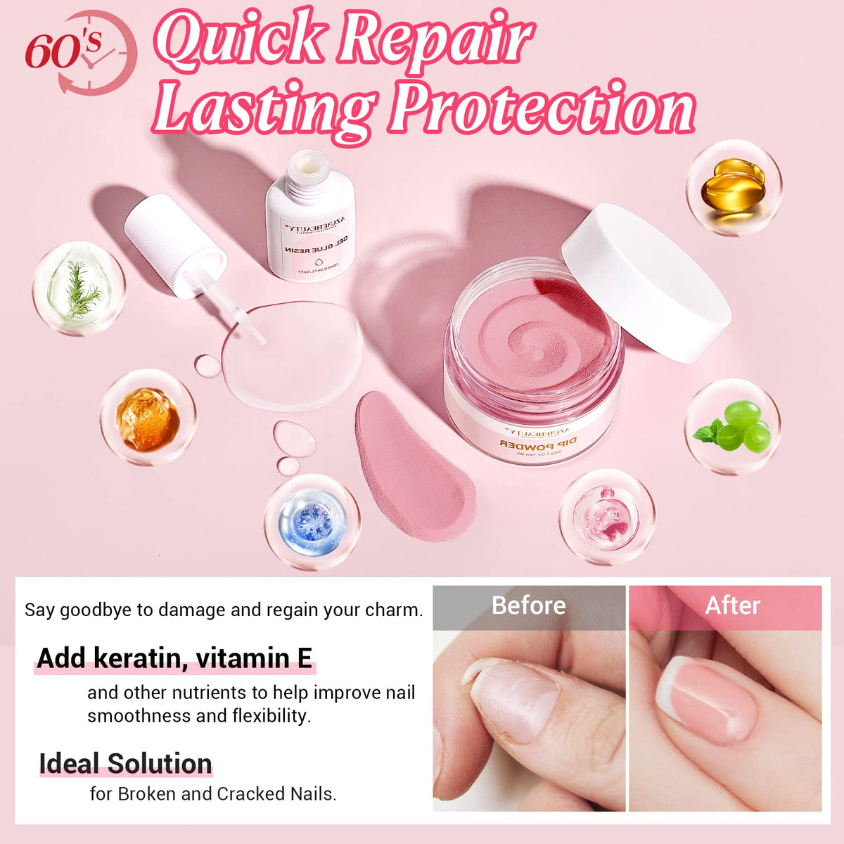 AZUREBEAUTY close-up of crystal jelly pink dip powder texture for smooth rebuilds
