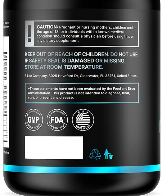 B Life Company ingredient label close-up showing biotin and collagen benefits