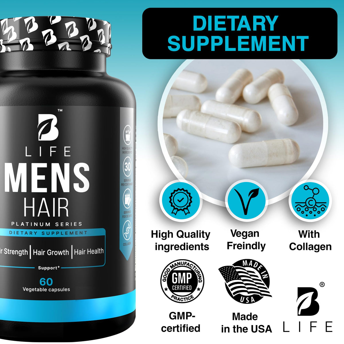 B Life Company capsules with ingredient icons illustrating comprehensive nutrient support