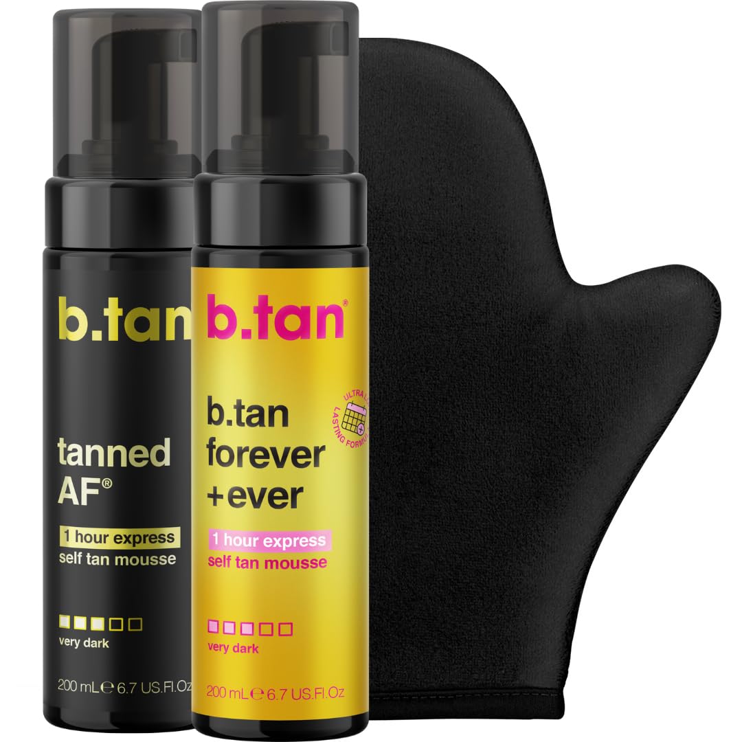 b.tan front packaging showing twin mousse bottles and mitt for clear contents