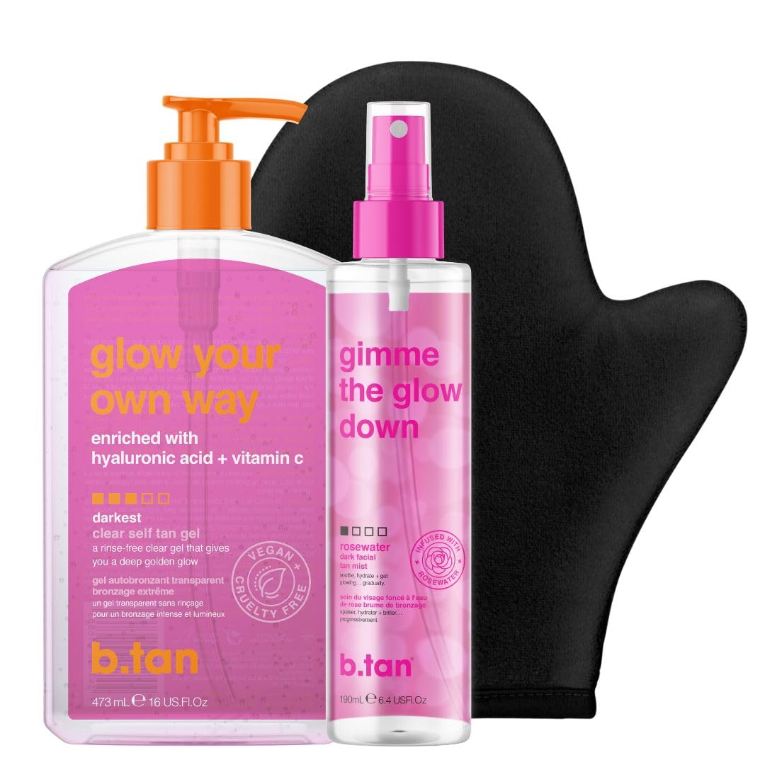 b.tan kit front view showing gel, mist and mitt for easy full-body tanning