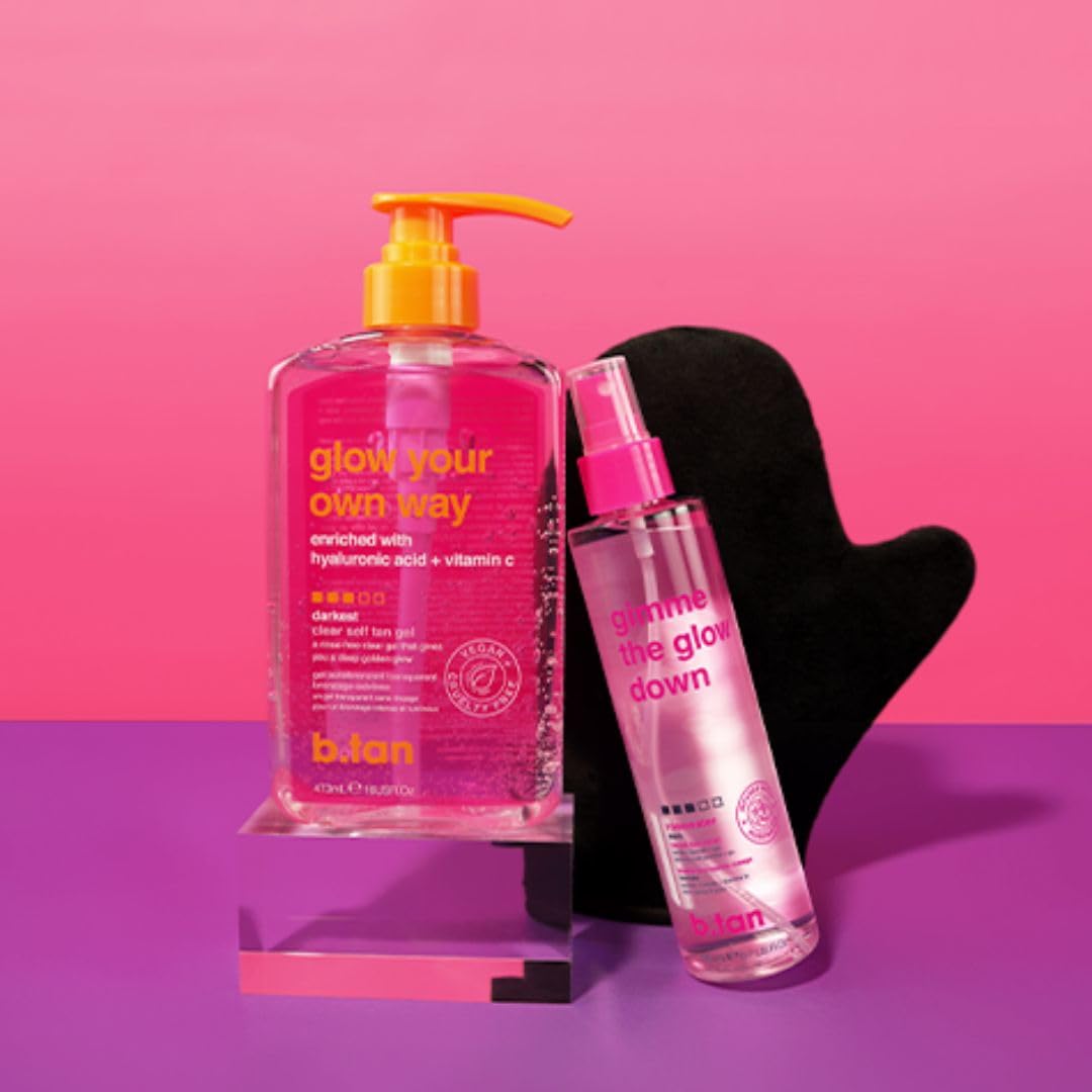 b.tan kit staged on vanity to show at-home tanning routine