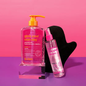 b.tan kit staged on vanity to show at-home tanning routine