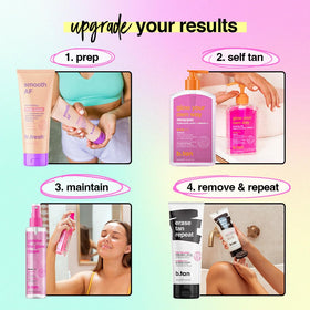 b.tan mist applied to face in mirror delivering gradual, even color