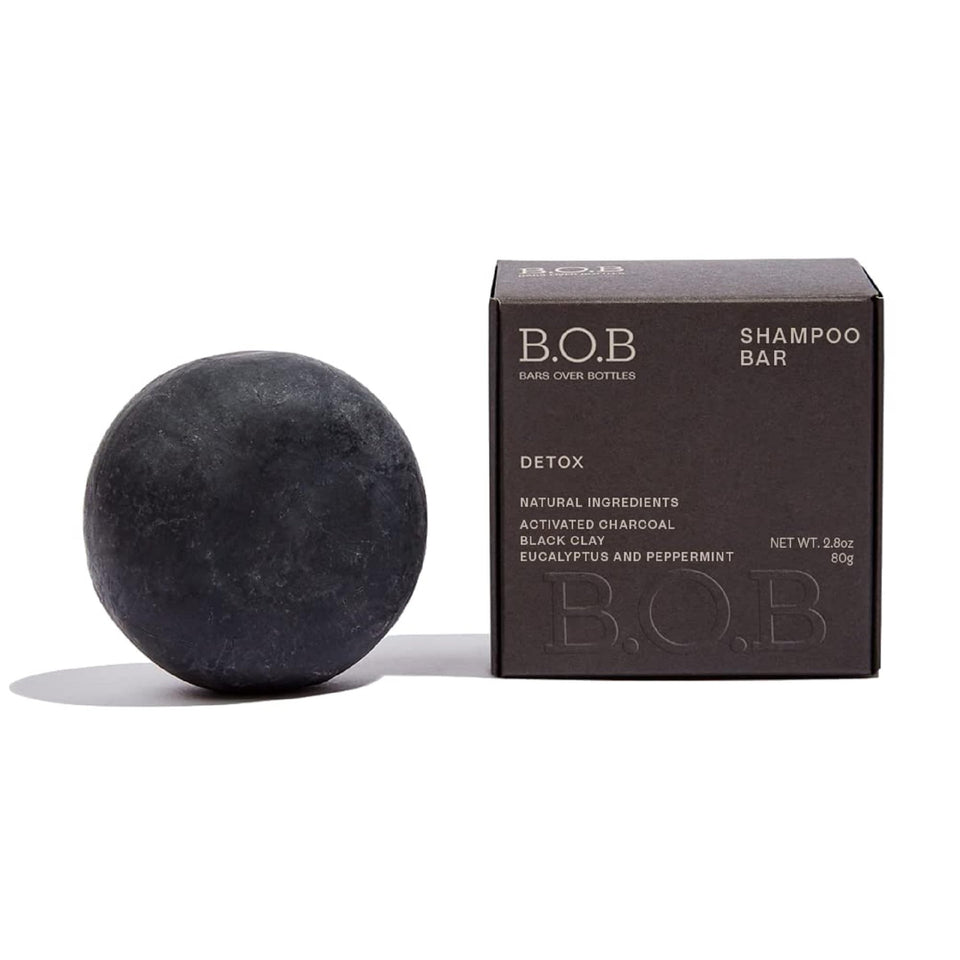 B.O.B Detox Solid Shampoo Bar front packaging showing eco-friendly design and benefit
