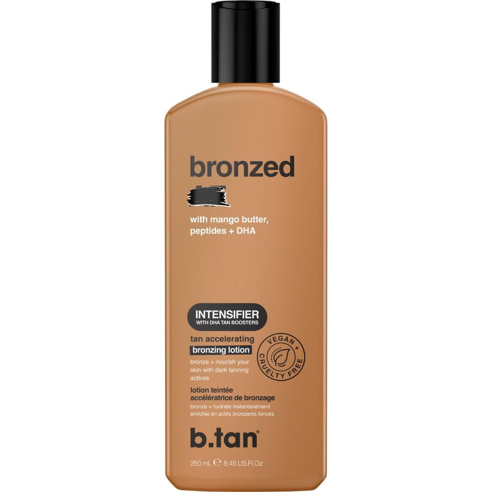 B.TAN front packaging showing tinted bronzing lotion and 8.45 fl oz size benefit