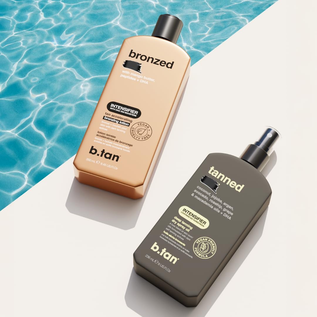 B.TAN in a beach setting portraying lifestyle use and sun-ready look benefit