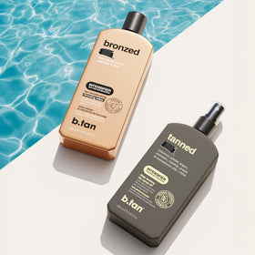 B.TAN in a beach setting portraying lifestyle use and sun-ready look benefit